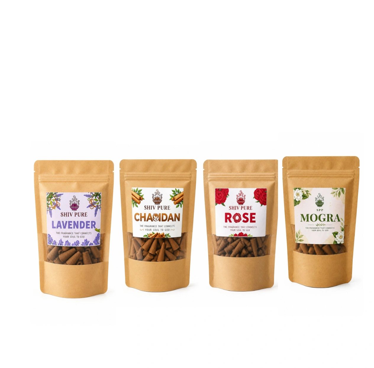 SPP Lavender, Chandan, Rose & Mogra Dhoop Cones Combo Pack blends calming Lavender, sacred Chandan, soft Rose, and sweet Mogra to create a peaceful, refreshing, and spiritually uplifting atmosphere.