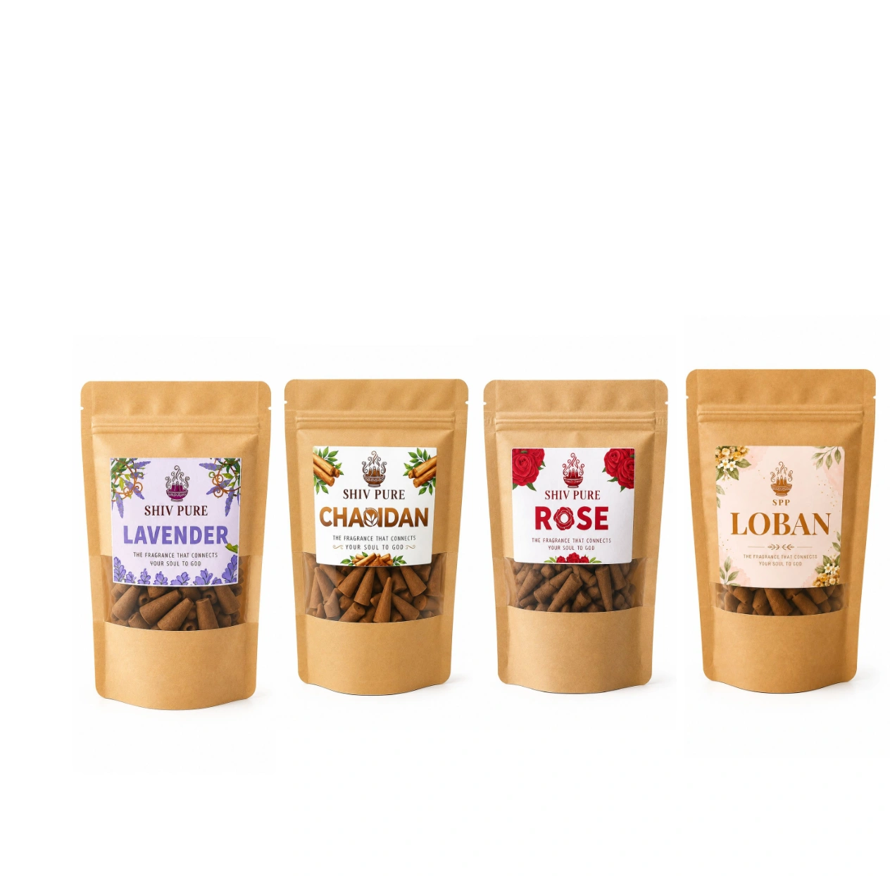 SPP Lavender, Chandan, Rose & Loban Dhoop Cones Combo Pack blends calming Lavender, sacred Chandan, soft Rose, and purifying Loban to create a clean, peaceful, and spiritually uplifting atmosphere.