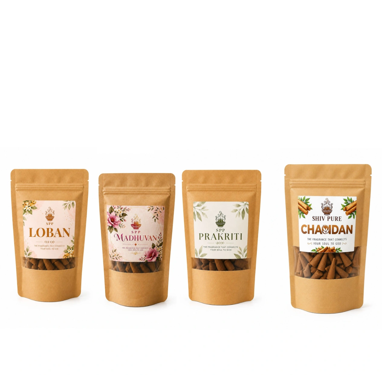 SPP Loban, Madhuvan, Prakriti & Chandan Dhoop Cones Combo Pack combines purifying Loban, sweet floral Madhuvan, natural Prakriti freshness, and sacred Chandan aroma to create a clean, peaceful, and spiritually uplifting atmosphere.