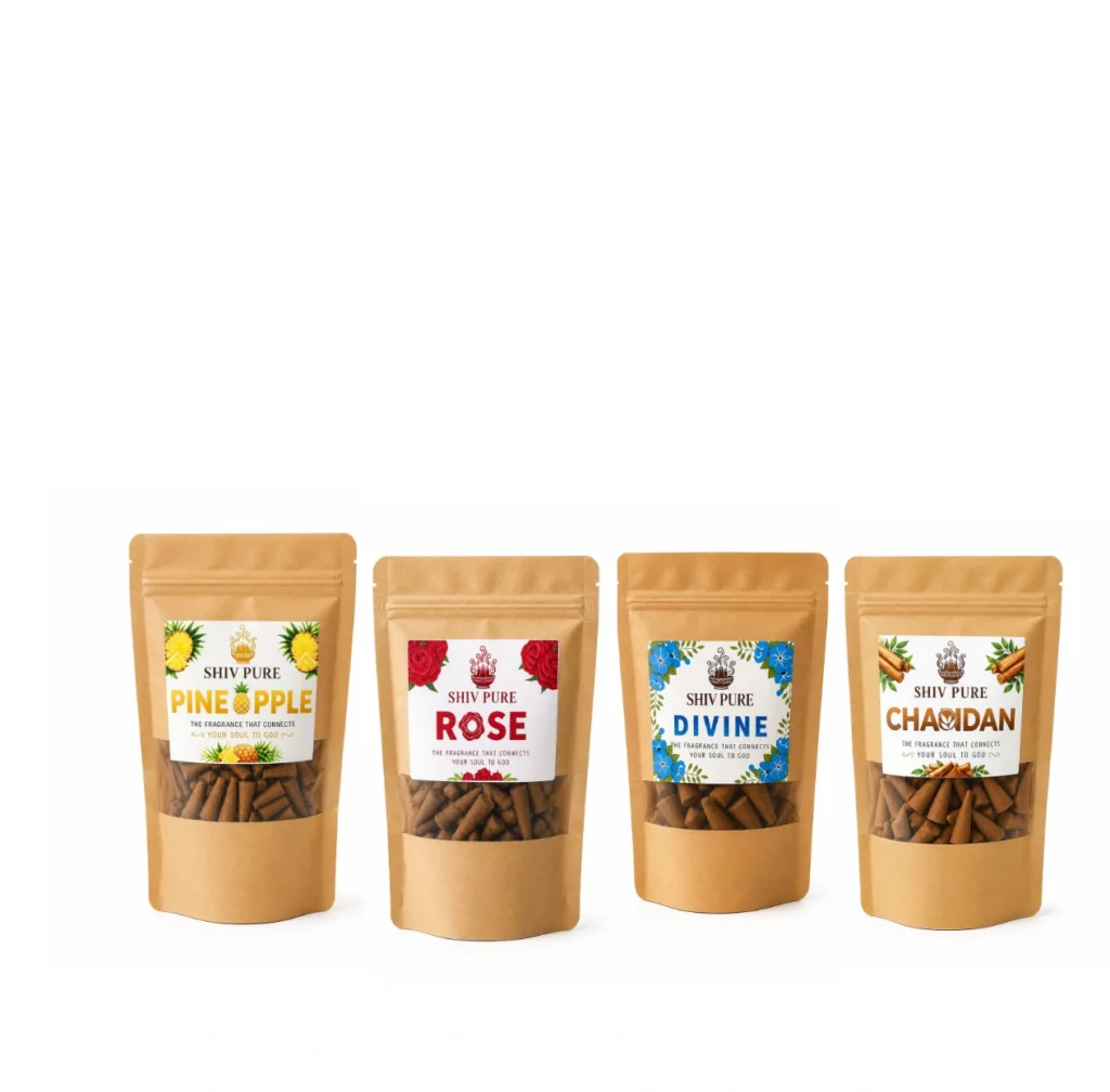 SPP Pineapple, Rose, Chandan & Divine Dhoop Cones Combo Pack blends fruity pineapple freshness with soft rose, sacred chandan, and divine aroma to create a refreshing, peaceful, and spiritually uplifting atmosphere.
