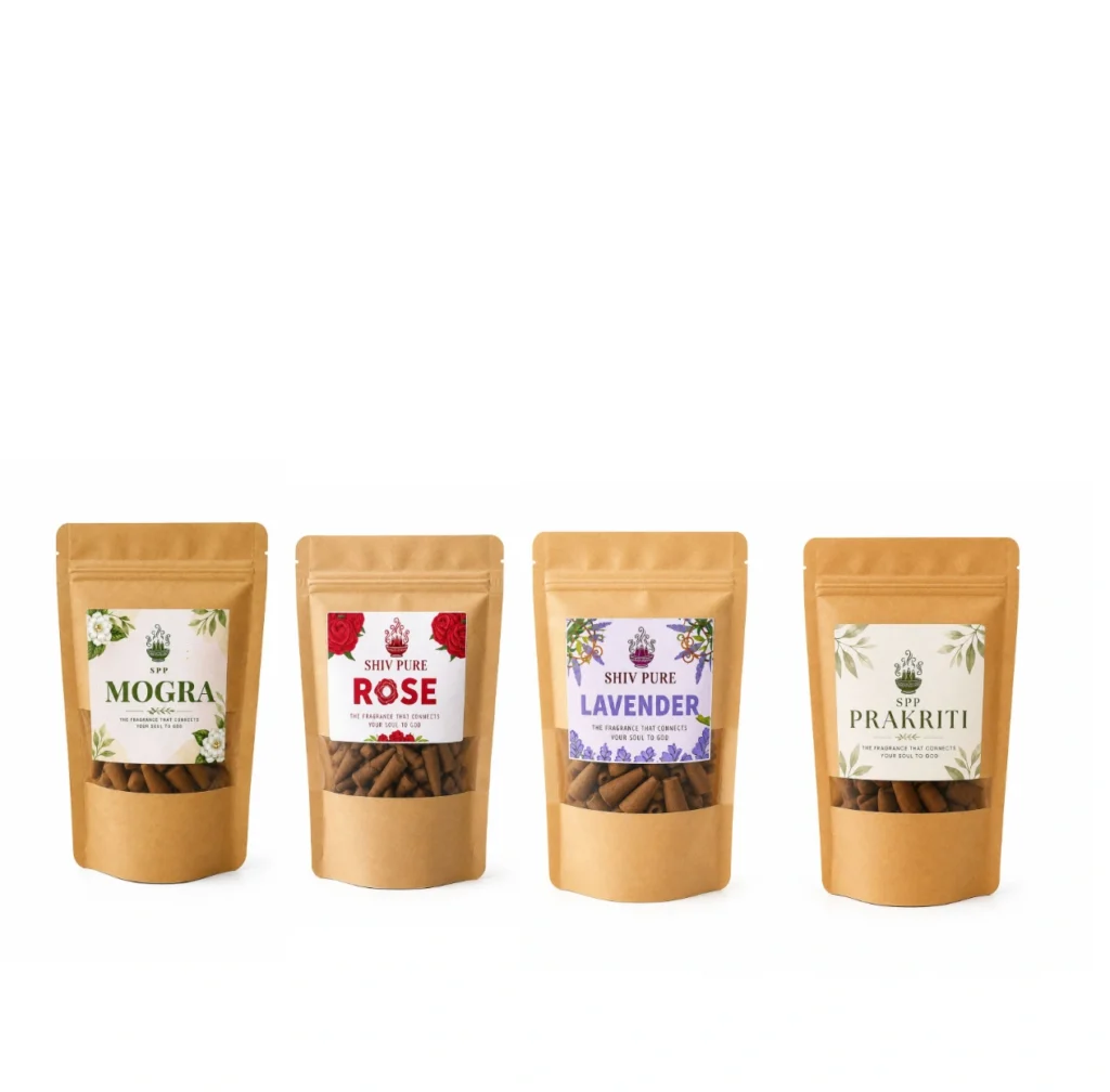 SPP Mogra, Rose, Lavender & Prakriti Dhoop Cones Combo Pack blends sweet Mogra, soft Rose, calming Lavender, and natural Prakriti aroma to create a peaceful, refreshing, and uplifting atmosphere.