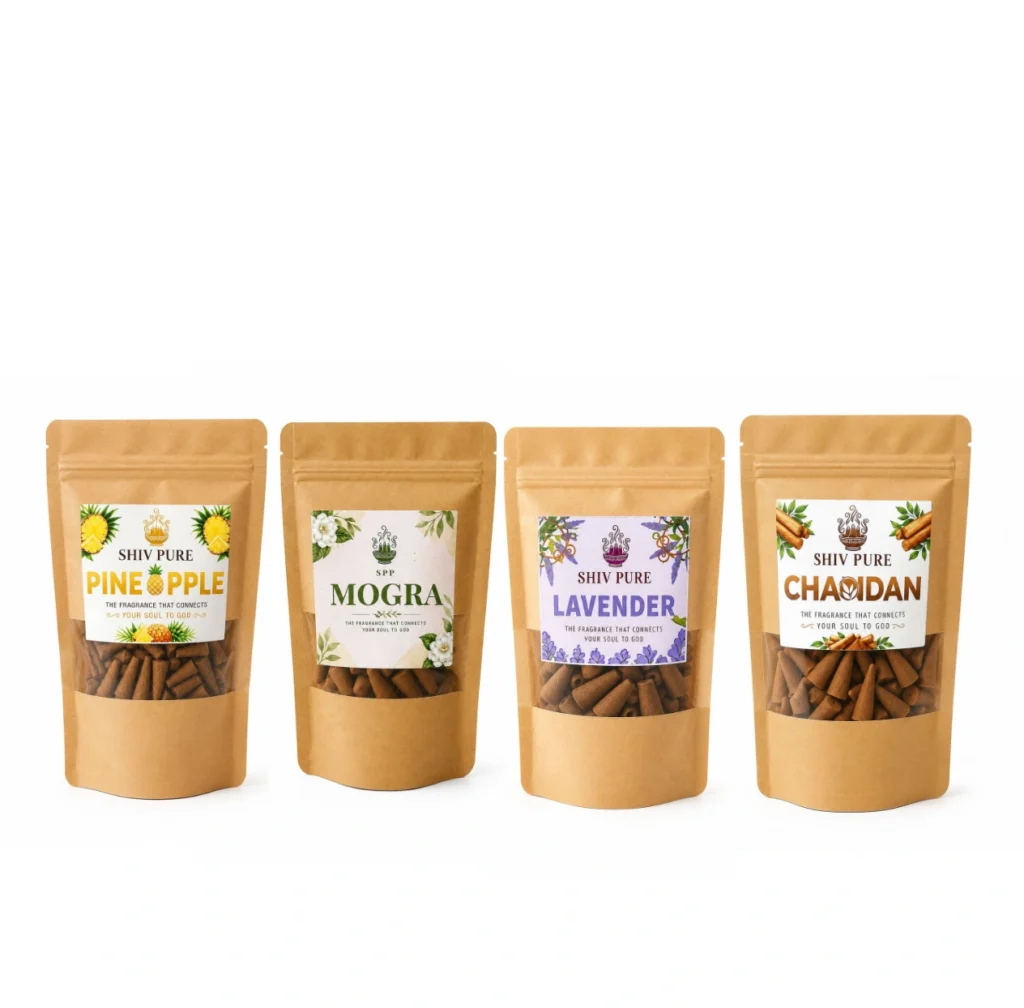 SPP Pineapple, Mogra, Lavender & Chandan Dhoop Cones Combo Pack blends fruity pineapple freshness with sweet Mogra, calming Lavender, and sacred Chandan to create a refreshing, peaceful, and spiritually uplifting atmosphere.