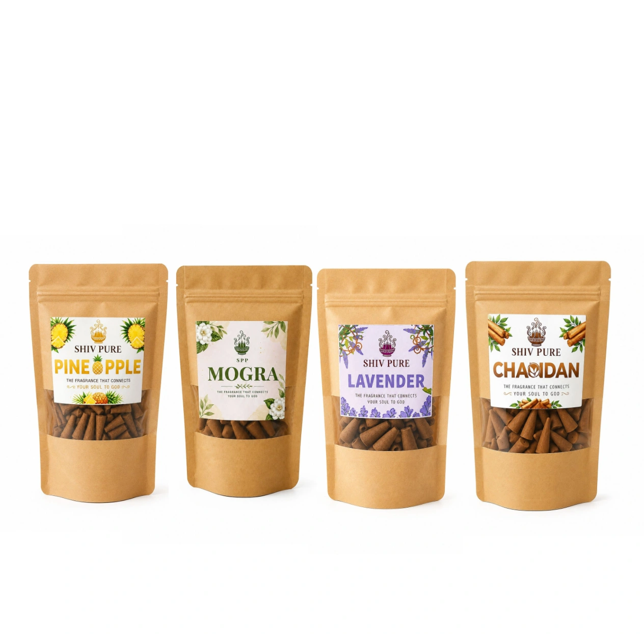SPP Pineapple, Mogra, Lavender & Chandan Dhoop Cones Combo Pack blends fruity pineapple freshness with sweet Mogra, calming Lavender, and sacred Chandan to create a refreshing, peaceful, and spiritually uplifting atmosphere.