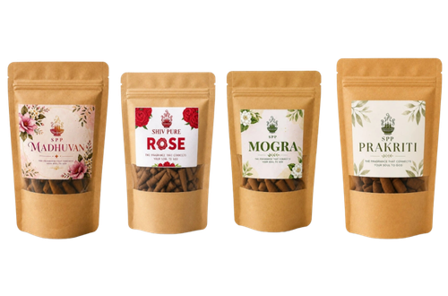 SPP Madhuvan, Prakriti, Rose & Mogra Dhoop Cones Combo Pack blends sweet floral Mogra and Rose with natural Prakriti freshness and Madhuvan aroma to create a peaceful, refreshing, and uplifting atmosphere.